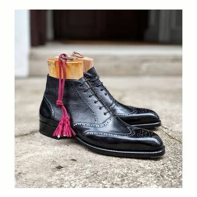 Handmade men black calf leather ankle wingtip dress balmoral boot