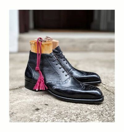 Handmade Men Black Calf Leather Ankle Wingtip Dress Balmoral Boot