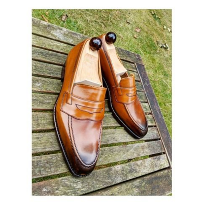Handmade Men Brown Leather Moccasin Loafers Dress Shoes