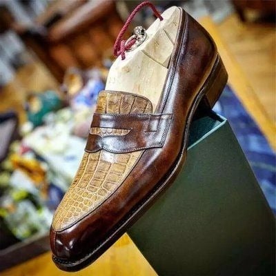 Handmade men brown crocodile/alligator leather dress shoes - Thumbnail 3