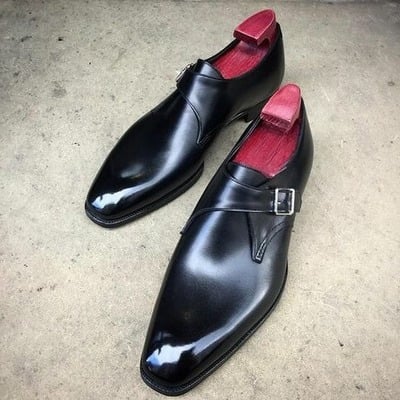 Handmade Men Black Leather Monk Strap Dress Shoes