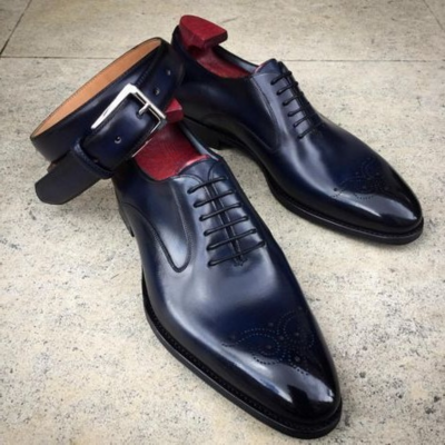 Handmade Men Blue Black Patina Leather Oxford Lace up Dress Formal Shoes