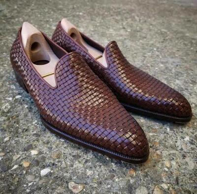 Handmade Men Brown Woven Leather Dress Shoes