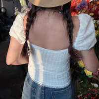 Princess contrast lace V-neck waist puff sleeve shirt - Thumbnail 4