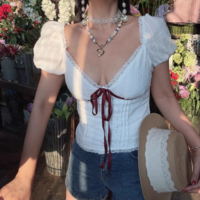 Princess contrast lace V-neck waist puff sleeve shirt - Thumbnail 3