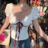 Princess contrast lace V-neck waist puff sleeve shirt - Thumbnail 1