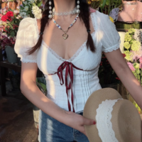 Princess contrast lace V-neck waist puff sleeve shirt - Thumbnail 2