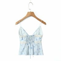 Lace stitching elastic slim fit small fresh printed top camisole - Thumbnail 4