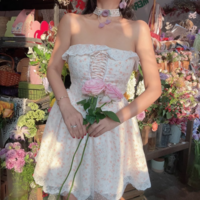 French Tie Waist Mesh Puffy Floral Tulle Dress - Thumbnail 7