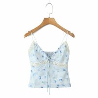 Lace stitching elastic slim fit small fresh printed top camisole - Thumbnail 6