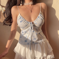 Lace stitching elastic slim fit small fresh printed top camisole - Thumbnail 3