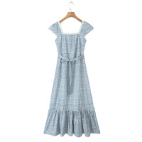 Retro sexy square neck lace plaid tie waist dress - Thumbnail 4
