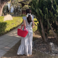 Retro sexy square neck lace plaid tie waist dress - Thumbnail 5