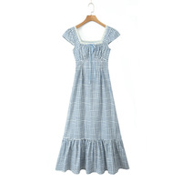 Retro sexy square neck lace plaid tie waist dress - Thumbnail 6