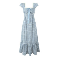 Retro sexy square neck lace plaid tie waist dress - Thumbnail 1