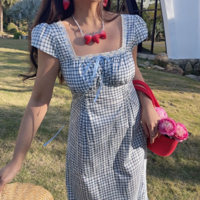 Retro sexy square neck lace plaid tie waist dress