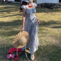 Retro sexy square neck lace plaid tie waist dress - Thumbnail 2