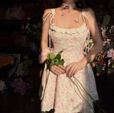 French sweet style bow decoration heavy small floral suspender dress