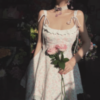 French sweet style bow decoration heavy small floral suspender dress - Thumbnail 3