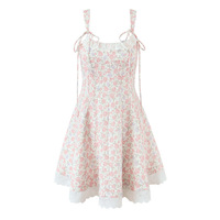 French sweet style bow decoration heavy small floral suspender dress - Thumbnail 4
