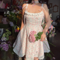 French sweet style bow decoration heavy small floral suspender dress - Thumbnail 6