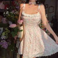 French sweet style bow decoration heavy small floral suspender dress - Thumbnail 7