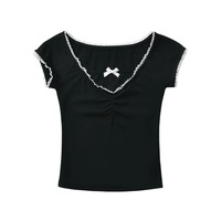 Sweetheart Neck Bowknot Short Sleeves Summer Lace Floral Pleated T-shirt for Women - Thumbnail 4