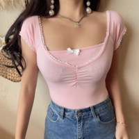 Sweetheart Neck Bowknot Short Sleeves Summer Lace Floral Pleated T-shirt for Women - Thumbnail 2