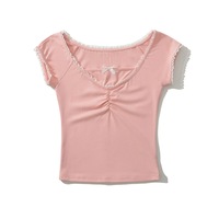 Sweetheart Neck Bowknot Short Sleeves Summer Lace Floral Pleated T-shirt for Women - Thumbnail 1