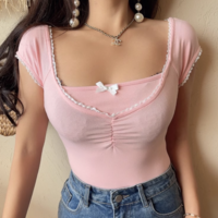 Sweetheart Neck Bowknot Short Sleeves Summer Lace Floral Pleated T-shirt for Women - Thumbnail 5