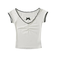 Sweetheart Neck Bowknot Short Sleeves Summer Lace Floral Pleated T-shirt for Women - Thumbnail 6