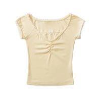 Sweetheart Neck Bowknot Short Sleeves Summer Lace Floral Pleated T-shirt for Women - Thumbnail 8