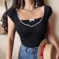 Sweetheart Neck Bowknot Short Sleeves Summer Lace Floral Pleated T-shirt for Women - Thumbnail 9