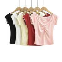 Sweetheart Neck Bowknot Short Sleeves Summer Lace Floral Pleated T-shirt for Women - Thumbnail 10