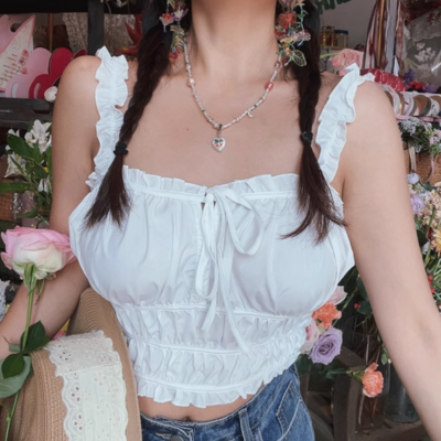 Ruffled hem chest tie camisole elastic pleated high waist top