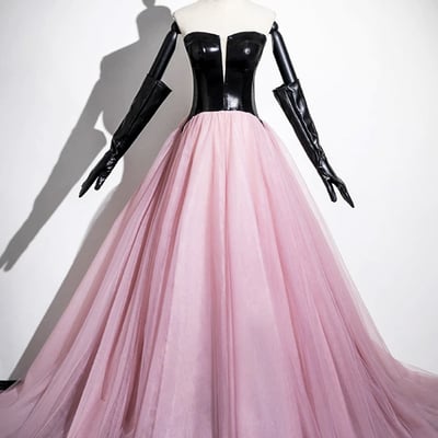 Black and pink tulle long prom dress, a-line strapless evening dress with corset - Thumbnail 1