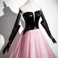 Black and Pink Tulle Long Prom Dress, A-Line Strapless Evening Dress with Corset - Thumbnail 1