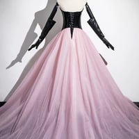 Black and Pink Tulle Long Prom Dress, A-Line Strapless Evening Dress with Corset - Thumbnail 3