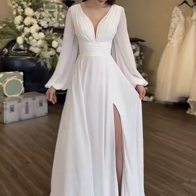 Simple a line long sleeve chiffon beach boho wedding dress bridal gown wedding gown