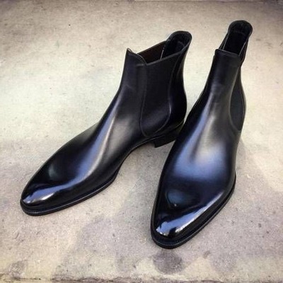 Handmade men black calf leather chelsea dress boot - Thumbnail 1
