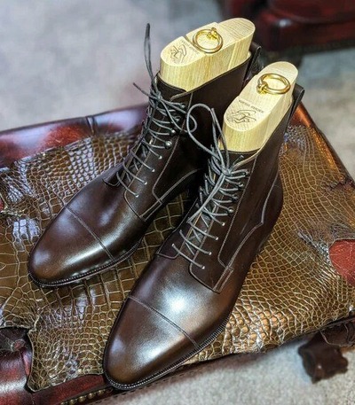 Handmade Men Brown Suede Leather Ankle High Dress Boot