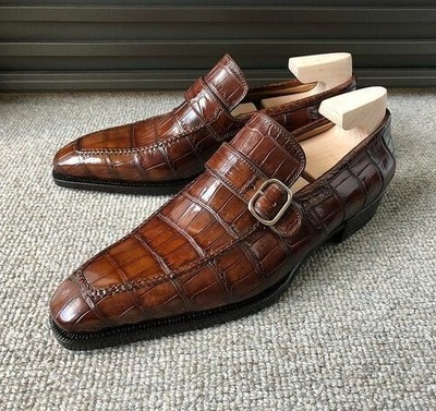 Handmade Men Brown Crocodile Leather Monk Strap Dress Shoes