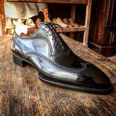 Handmade men black calf leather wingtip oxford lace up dress shoes - Thumbnail 1