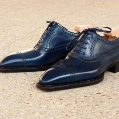 Handmade men blue leather dress shoes - Thumbnail 3