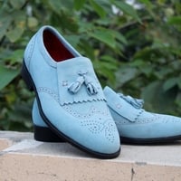 Crafted Leather Men Classic and Luxury Blue Suede Leather Tassel Loafers Dress Shoes - Thumbnail 2