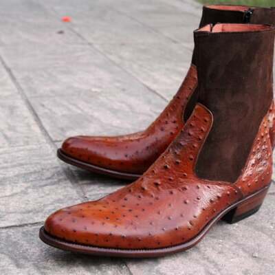 Handmade men brown ostrich suede leather ankle high cowboy boot