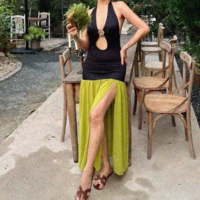 Metallic Decorated Chest Wrap Tie-Up Hollow Colorblock Slit Sexy Dress - Thumbnail 2