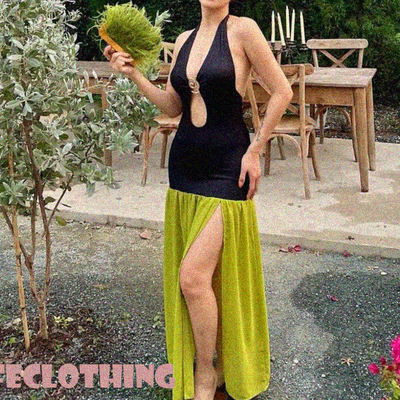 Metallic decorated chest wrap tie-up hollow colorblock slit sexy dress - Thumbnail 4