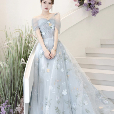 Blue floral tulle floral long prom dress, beautiful a-line party dress - Thumbnail 1