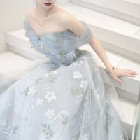 Blue Floral Tulle Floral Long Prom Dress, Beautiful A-line Party Dress - Thumbnail 1
